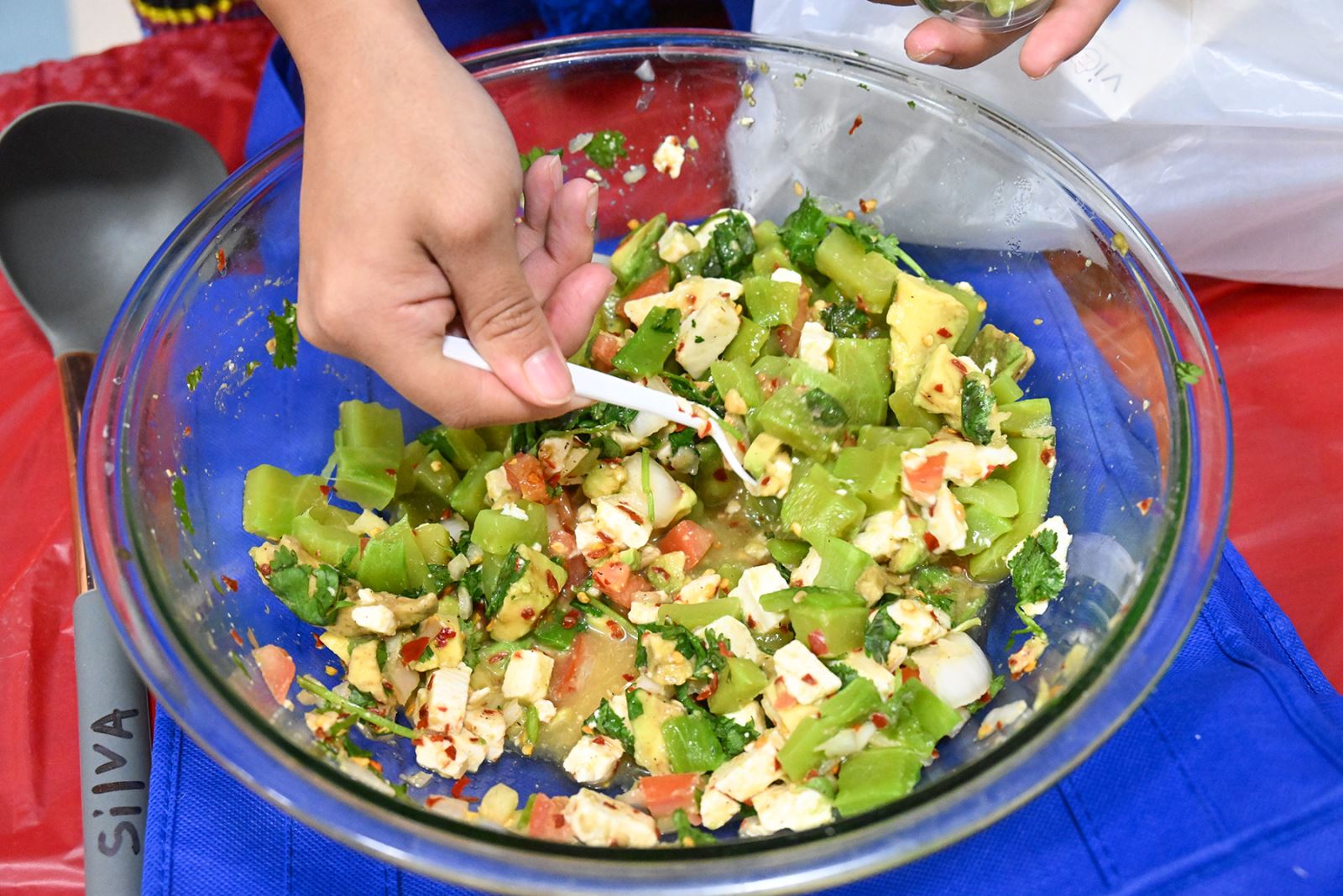 Students prepared a variety of traditional foods, such as this fresh salsa.